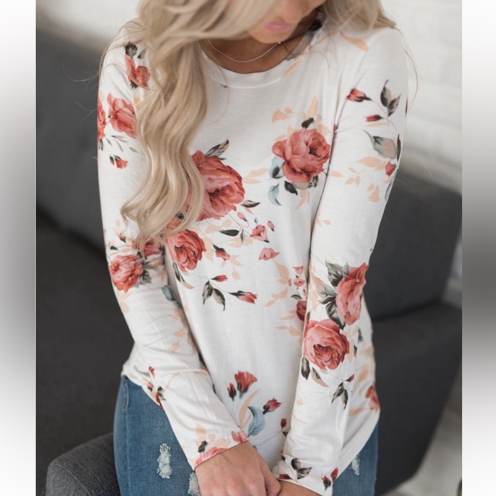 12 PM by Mon Ami Floral Long Sleeve Tee - Size S, White/Pink - Picture 13 of 14